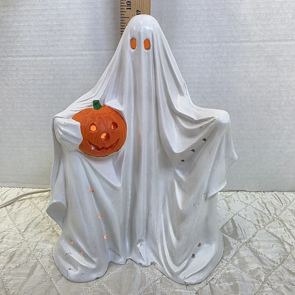 Vintage Byron Mold Ghost Holding a Jack-O-Lantern Light-Up Ceramic Figure 9.5